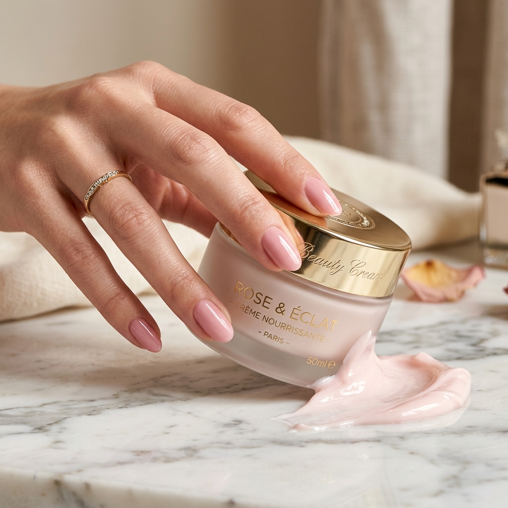 Manicured hand holding luxury cream jar